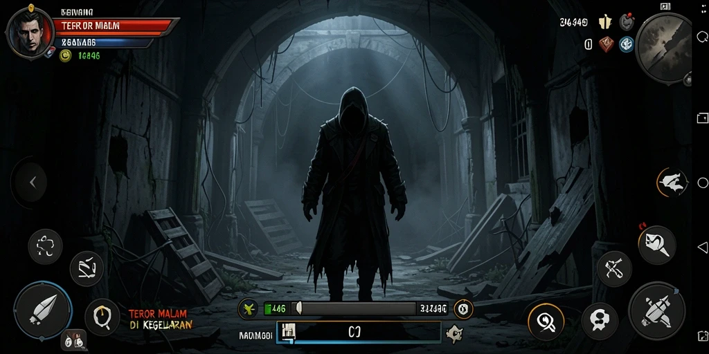 Screenshot gameplay 3446 menampilkan suasana mencekam dalam kegelapan.
