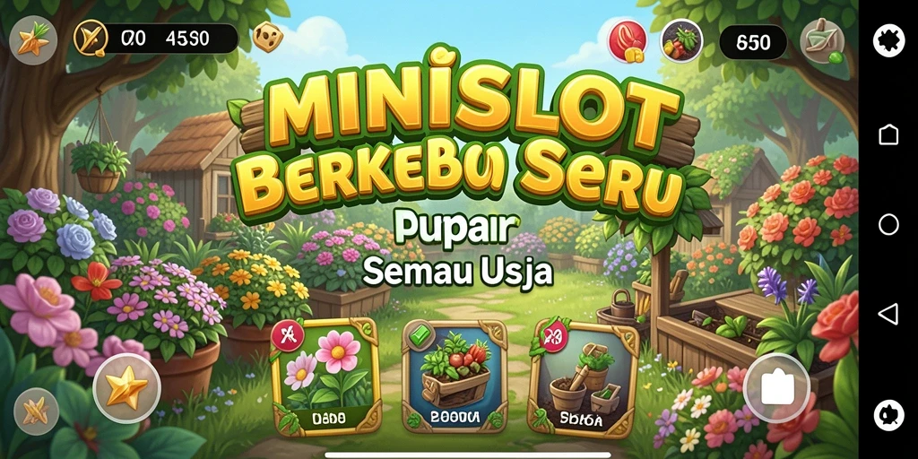 Tampilan gameplay penuh warna dari MINISLOT yang menampilkan aktivitas berkebun.