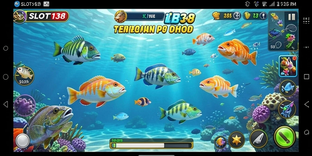 Screenshot kemenangan di SLOT138 dengan tampilan ikan yang berwarna-warni.