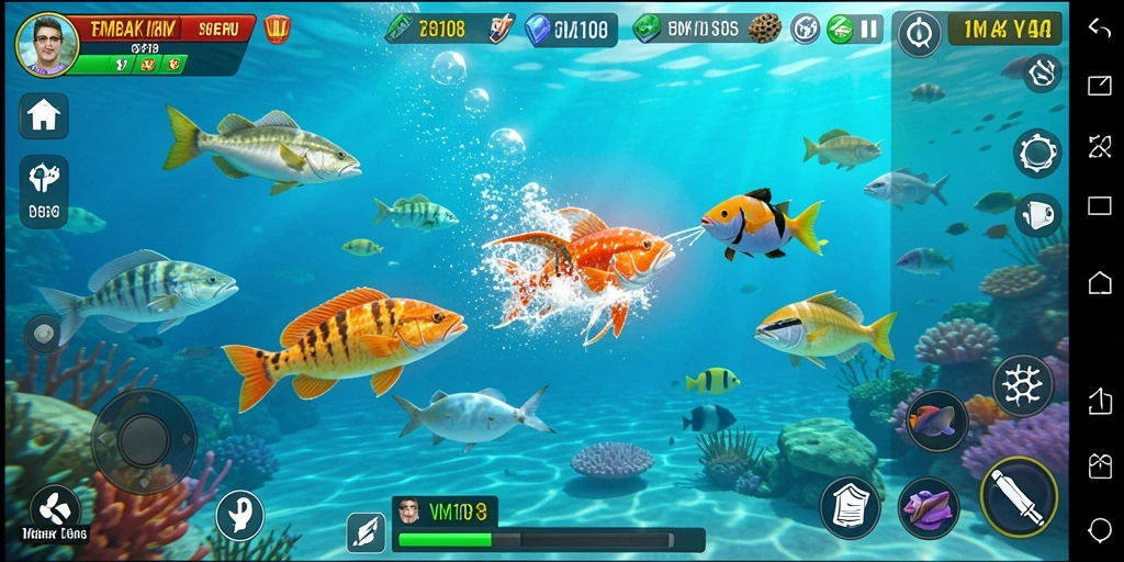 Screenshot gameplay yang menunjukkan aksi menembak ikan.